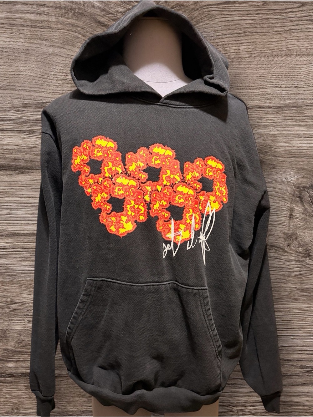 Men's Black Hoodie with Orange Floral Graphic by denim tears x offset